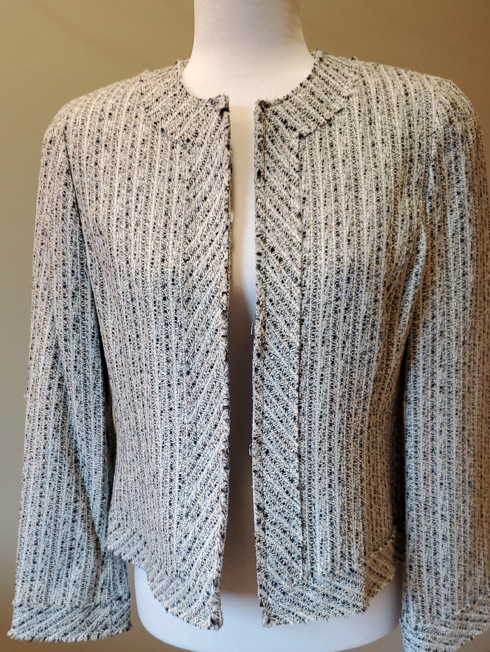 Kasper Cream and Black Tweed Open-Front Blazer